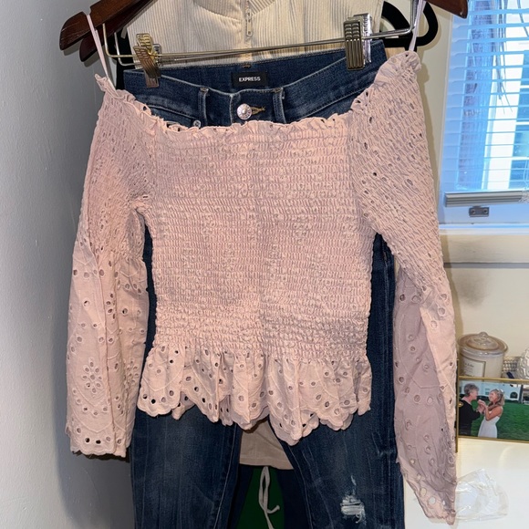 Express Off The Shoulder Smocked Eyelet Lace Bell Sleeve Top - Picture 6 of 6